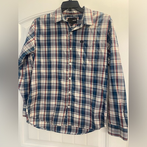 Hurley Plaid red Blue Button Down Long Sleeve Shirt Mens Large polyester cotton - Picture 1 of 6